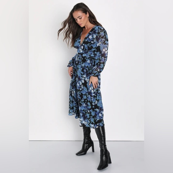 Lulu’s Impressive Charm Black Multi Floral Print Long Sleeve Midi Dress - Picture 4 of 9